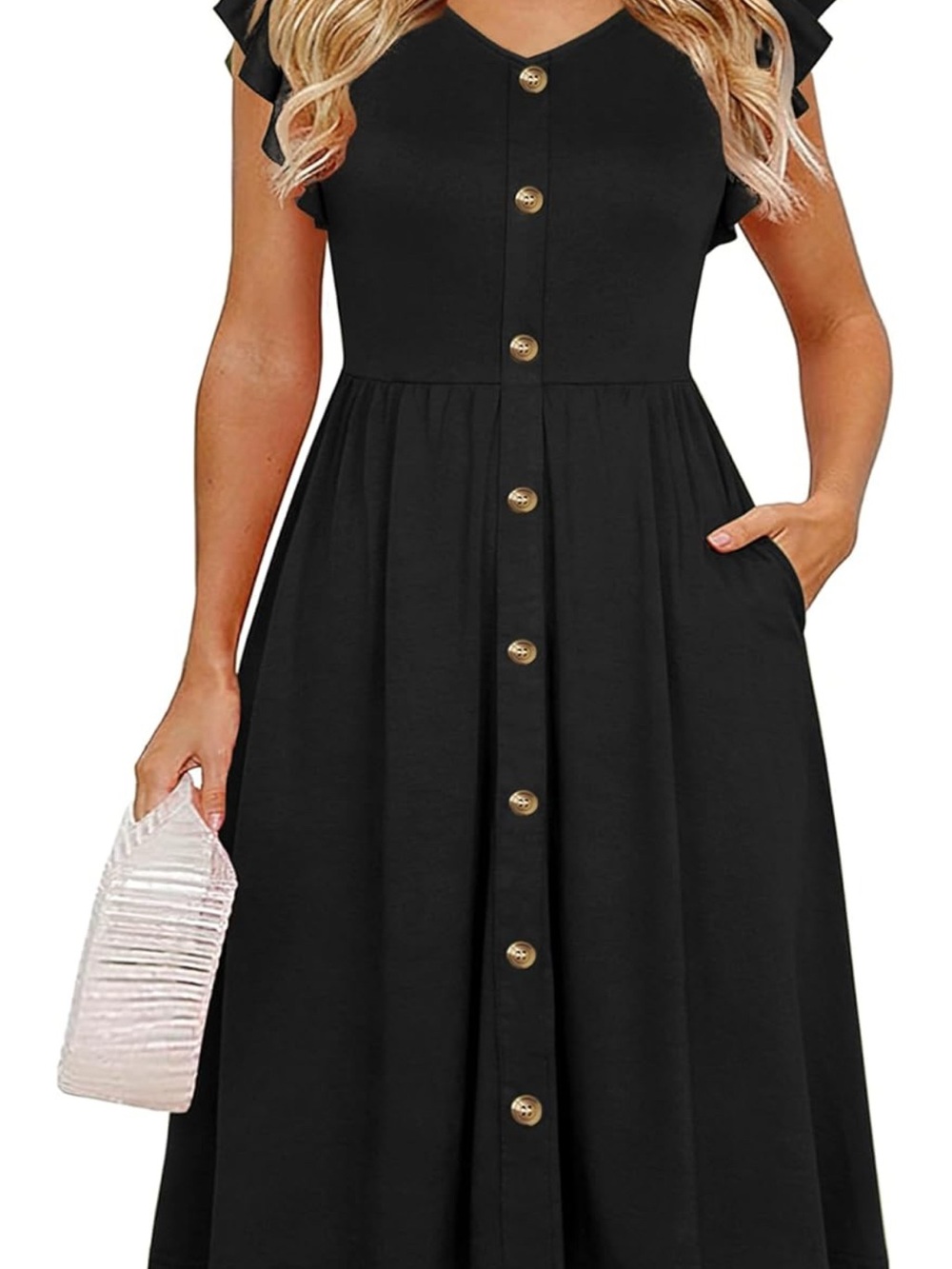 Black Button-Front Flutter Sleeve Dress